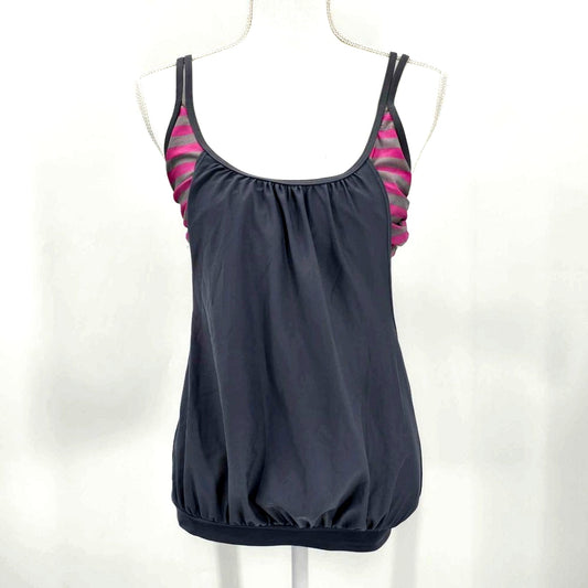 Gray Pink Stripe Tankini Top Bra Swimsuit Swimwear Adjustable Size Medium