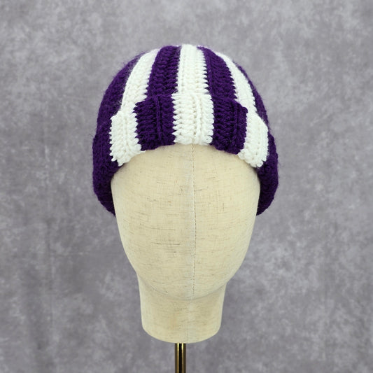 Purple White Stripe Crochet Knit Bucket Cap Hat Fun VTG Y2K Funky Beanie