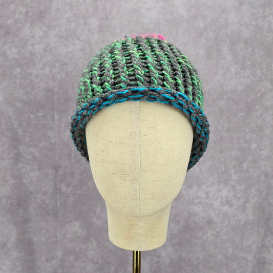 Green Pink Crochet Knit Bucket Cap Hat Fun Vintage Y2K Funky Beanie
