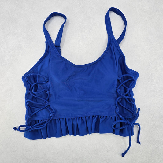 Blue Crisscross Ties Crop Padded Ruffle Beach Bikini Bralette Swim Top S Small