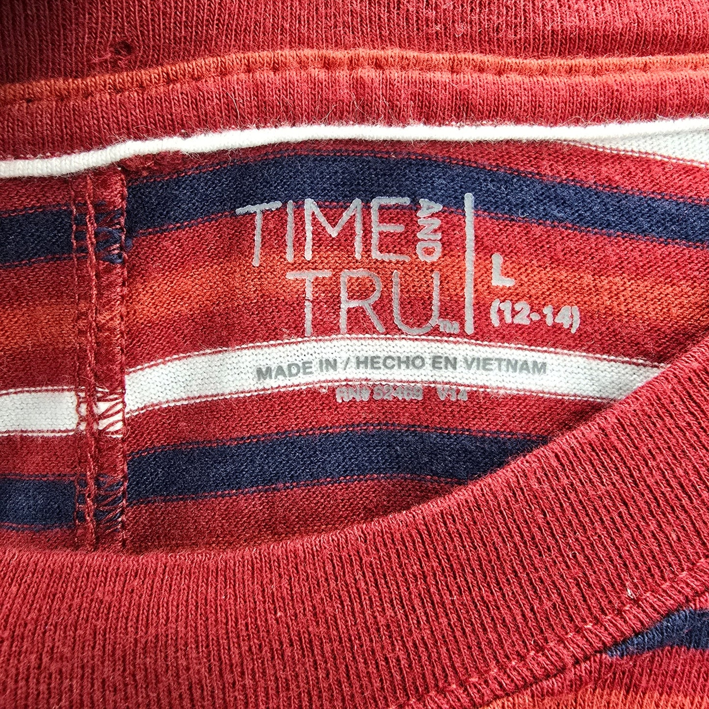Time and Tru Red Stripe Short Sleeve Cotton Knee Length Pocket Dress Large