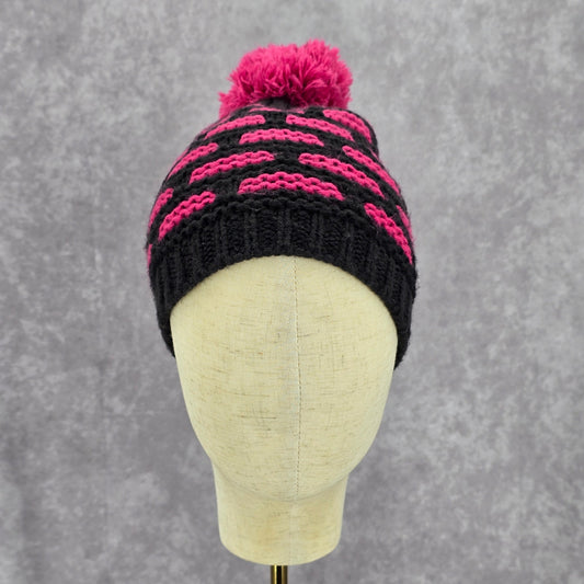 Vintage Y2K Cable Knit Black Purple Chunky Pom Pom Funky Beanie Hat