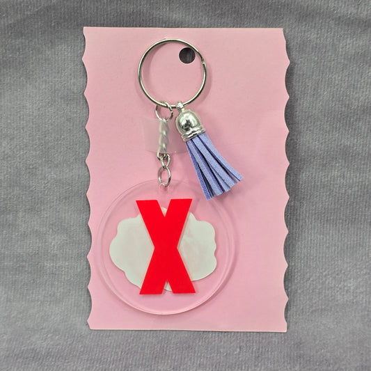 Letter Keychain Clear Silver Circle Handmade Acrylic Tassel Flower X Purple