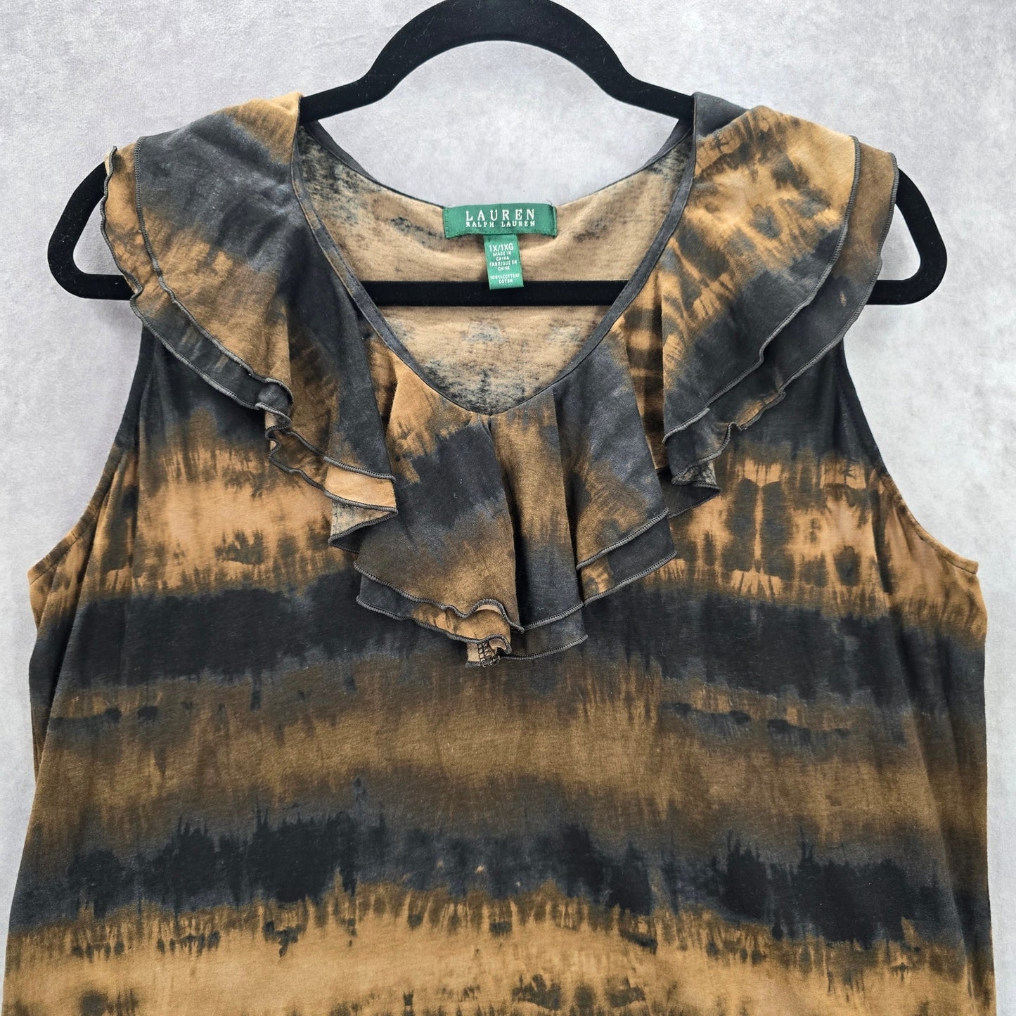 Lauren Ralph Lauren Black Brown Tie Dye Ruffle Blouse Tank Top Plus 1X
