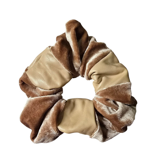 Brown Cream Faux Leather Hair Tie Accessories Scrunchie Handmade SB31