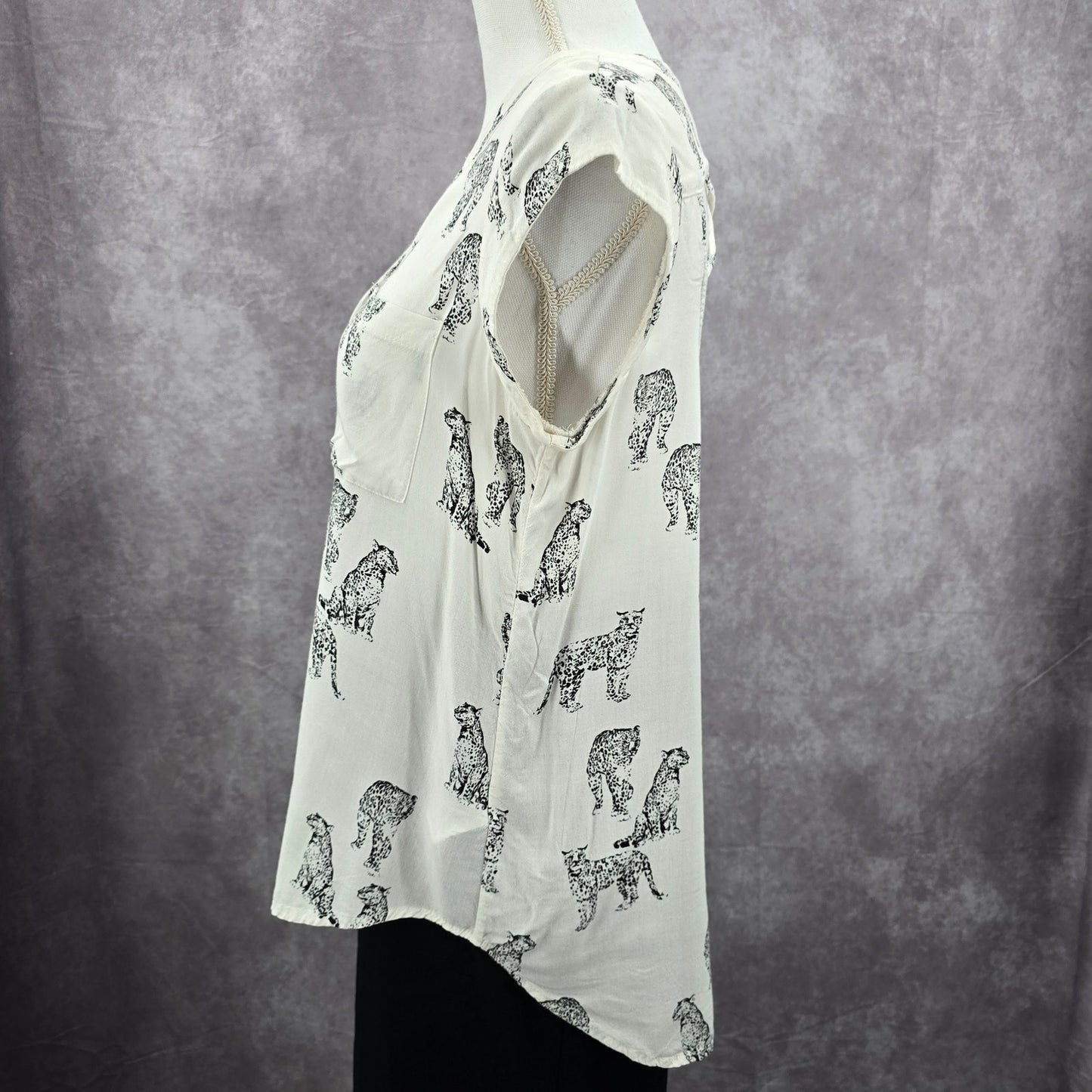 Studio Y White Black Leopard Print Cutout Crisscross Button Up Top Medium