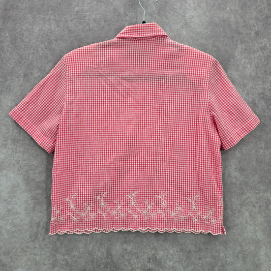 Koret Pink Plaid Short Button VTG Y2K Scallop Embroidered Floral Top Shirt