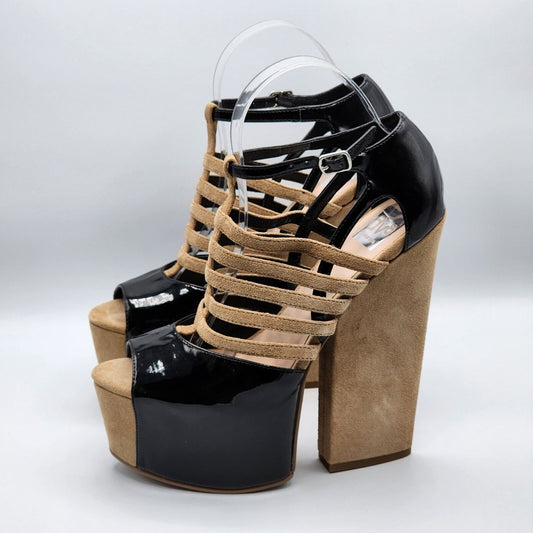 DV8 Dolce Vita Harleta Suede Nude Black Heels Open Toe Retro Strappy Shoes 7.5
