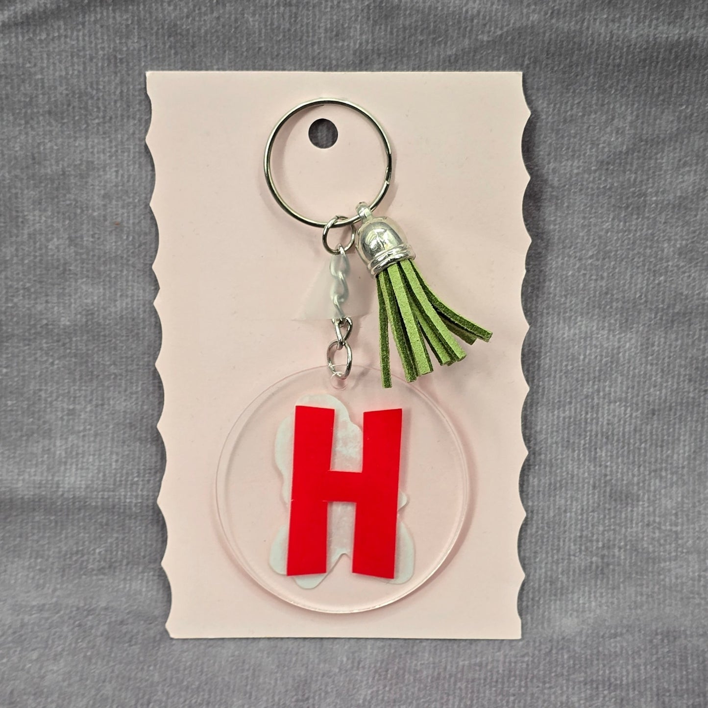 Letter Keychain Clear Silver Circle Handmade Acrylic Tassel Flower H Green