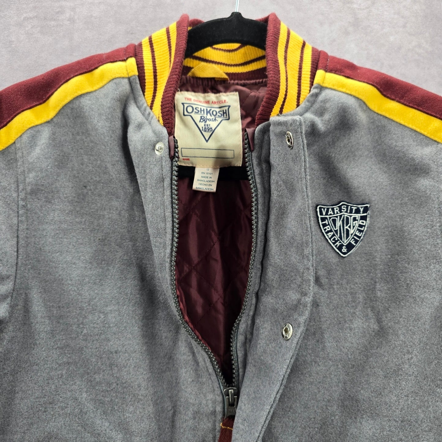 OshKosh B'gosh Gray Stripe Quilt VTG Varsity Track Field Bomber Coat Jacket L 12