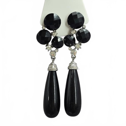 Black Silver Gem Rhinestone Long Drop Dangle Fashion Jewelry Earrings JB1-01