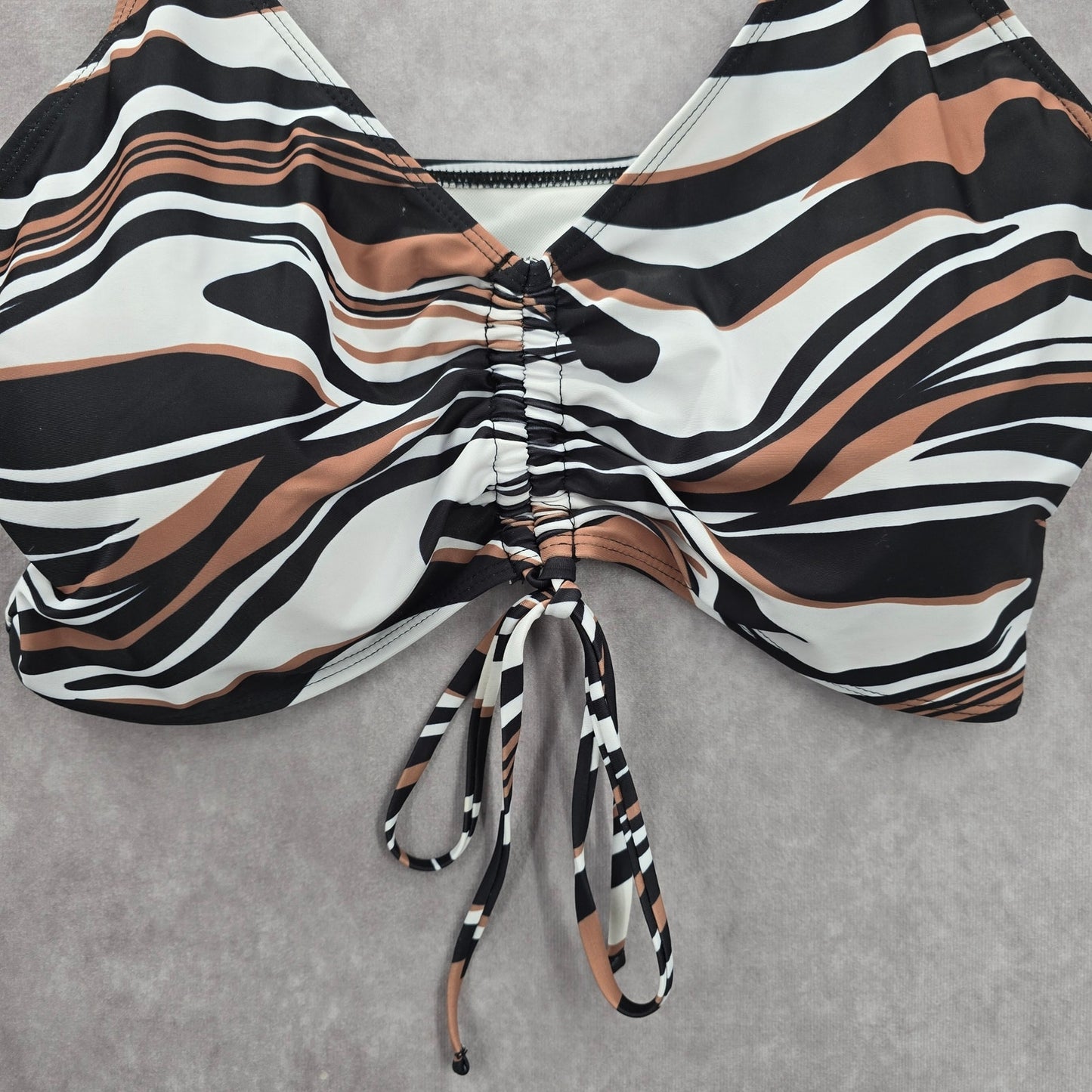 Shein Black Brown Striped Bikini Top Padded Adjustable Strap Swimwear 2XL