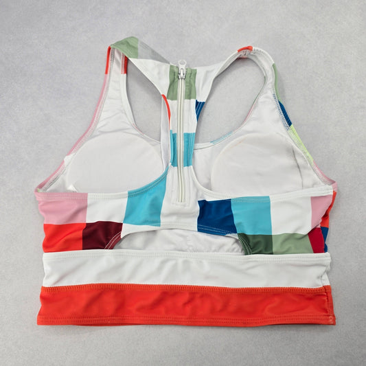 White Geometric Padded Racerback Zip Sports Bra Bikini Bralette Swim Top S Small