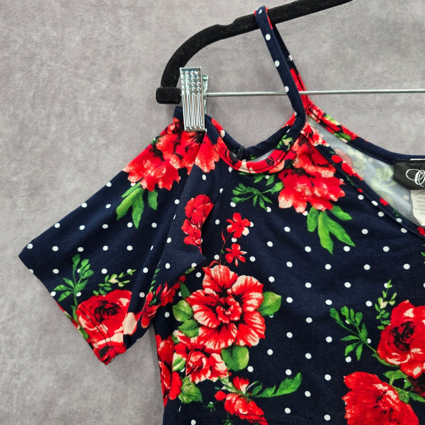 Objex Navy Blue Floral Polka Dot Cold Short Cropped Top Blouse Extra Large XL