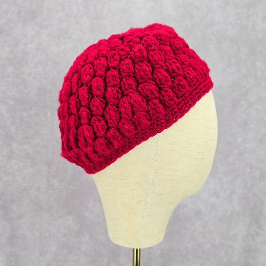 Red Crochet Beret Knit Bucket Cap Hat Fun Vintage Y2K Funky Beanie