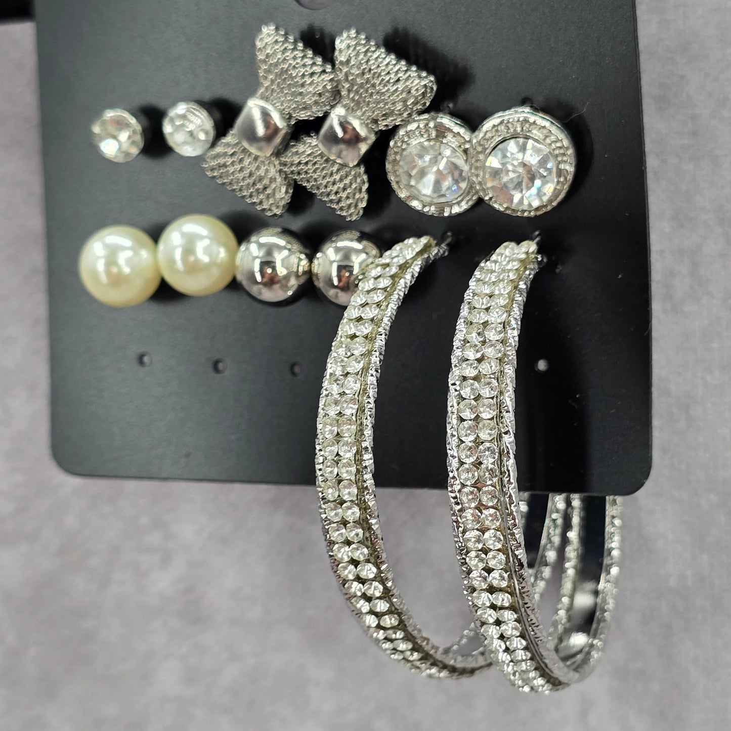 Silver Bow Hoop Stud Rhinestone Pearl Dangle Fashion Jewelry Earrings NWT JB2-76