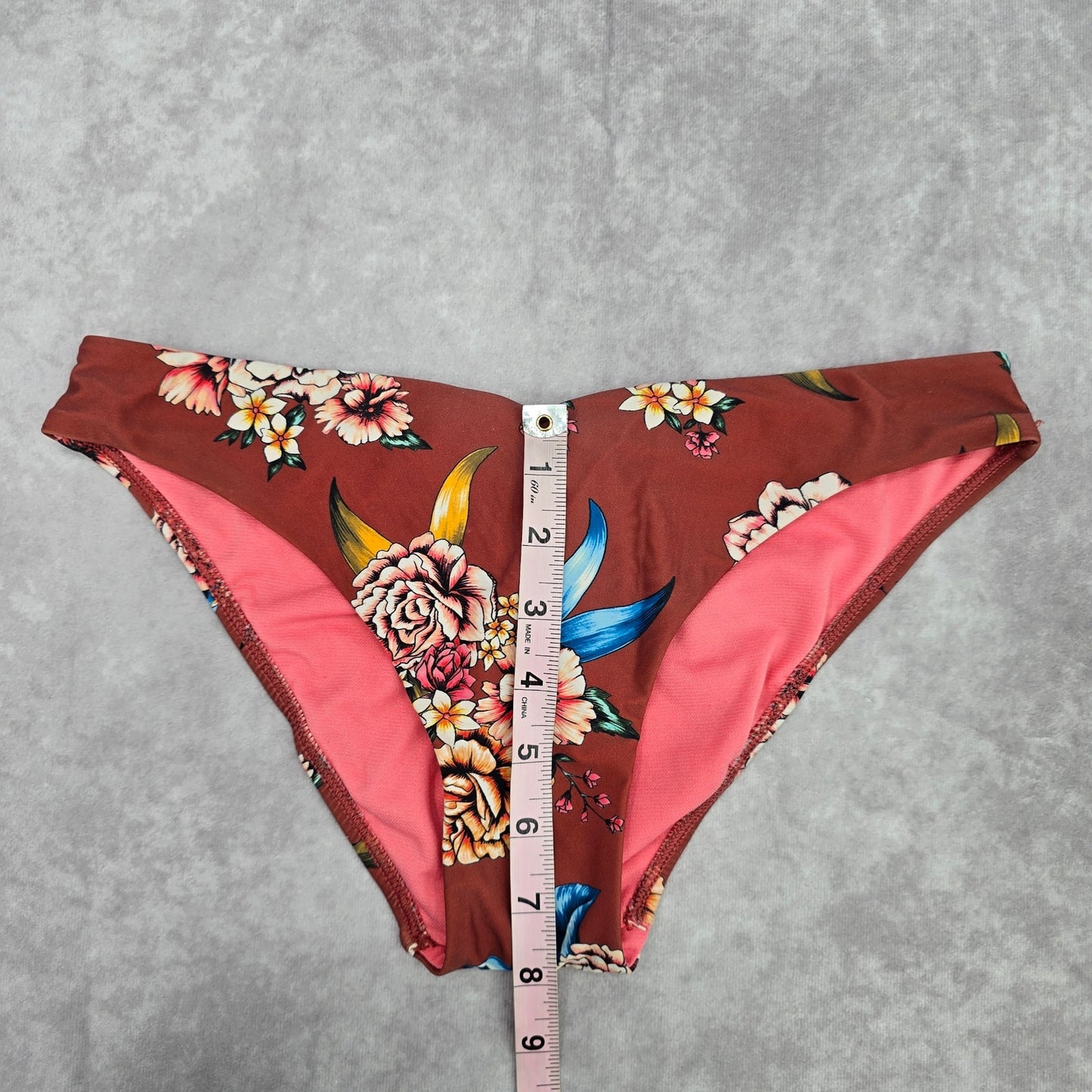 No Boundaries Brown Blue Floral Tie Medium Bikini Bottom Swimwear