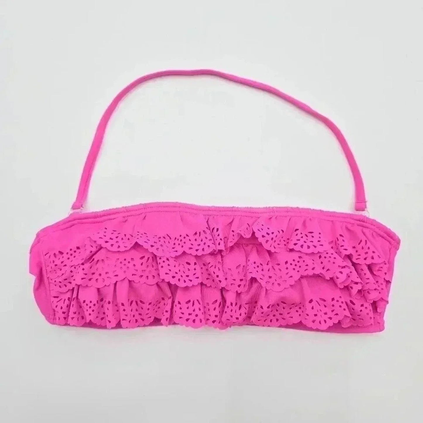 Red Camel Pink Laser Cut Flower Ruffle Padded Bikini Top Swimwear Small