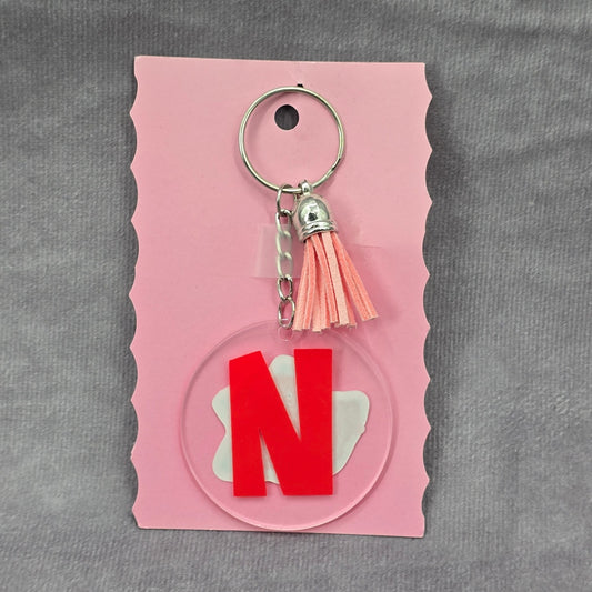 Letter Keychain Clear Silver Circle Handmade Acrylic Tassel Flower N Pink