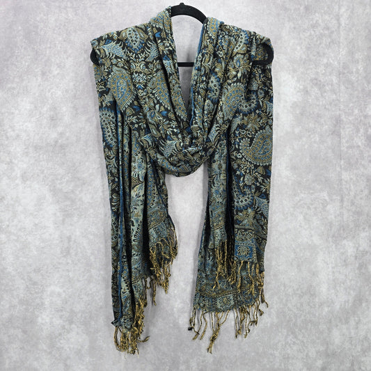 SJ Collection Blue Floral Pashmina Fringe Floral Long Shawl Scarves Wrap Scarf
