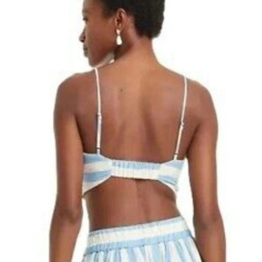 A New Day Blue & White Linen Bungalow Beach Bikini Top Cropped Bra Tank L Large