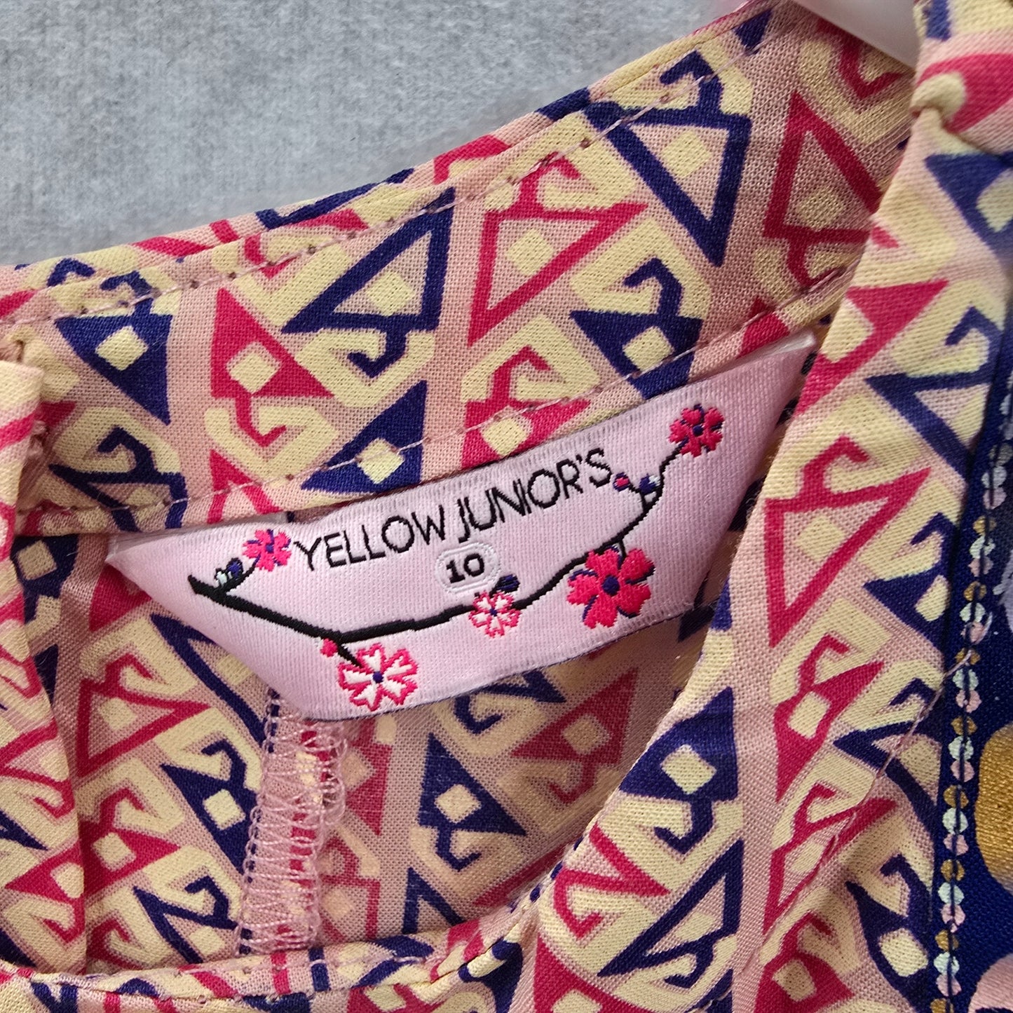 Yellow Pink Blue Long Sleeve Flare Floral Print Embroidered Cotton Dress 10