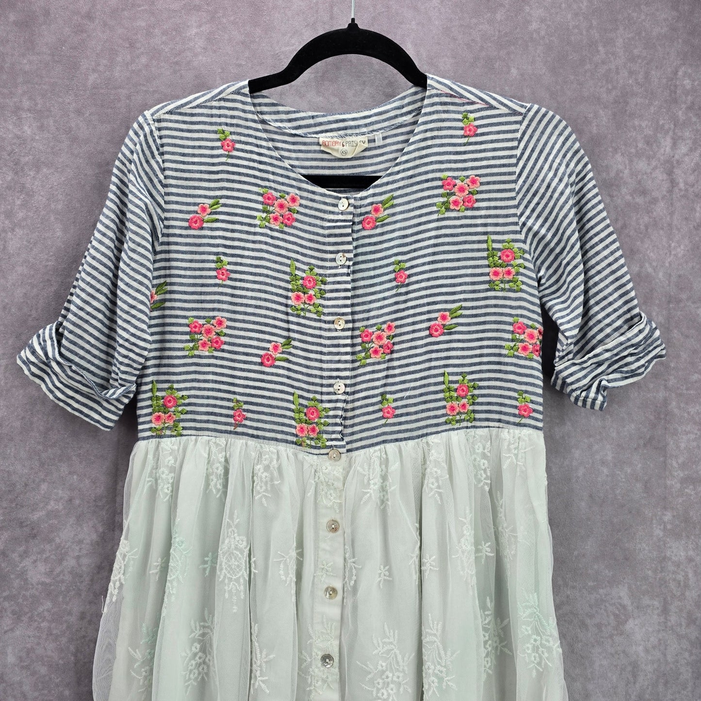 Bombay Paisley Blue Striped Lace Knee Length Button Down Dress Size XS