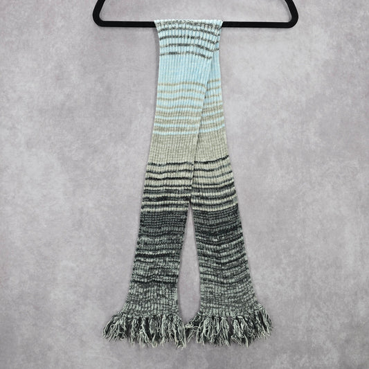 Gray Green Blue Fringe Stripe Tassels Y2K VTG Wrap Shawl Cable Knit Scarf