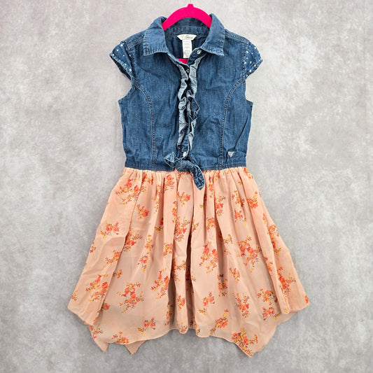 Guess Blue Orange Floral Asymmetrical Button Jeans Gem Tie Girls Toddler Dress 7