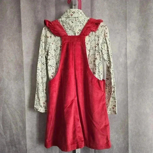 Tahari Red Ruffle Overall Jumper 2 Piece Long Sleeve Dress Holiday Girls Size 7