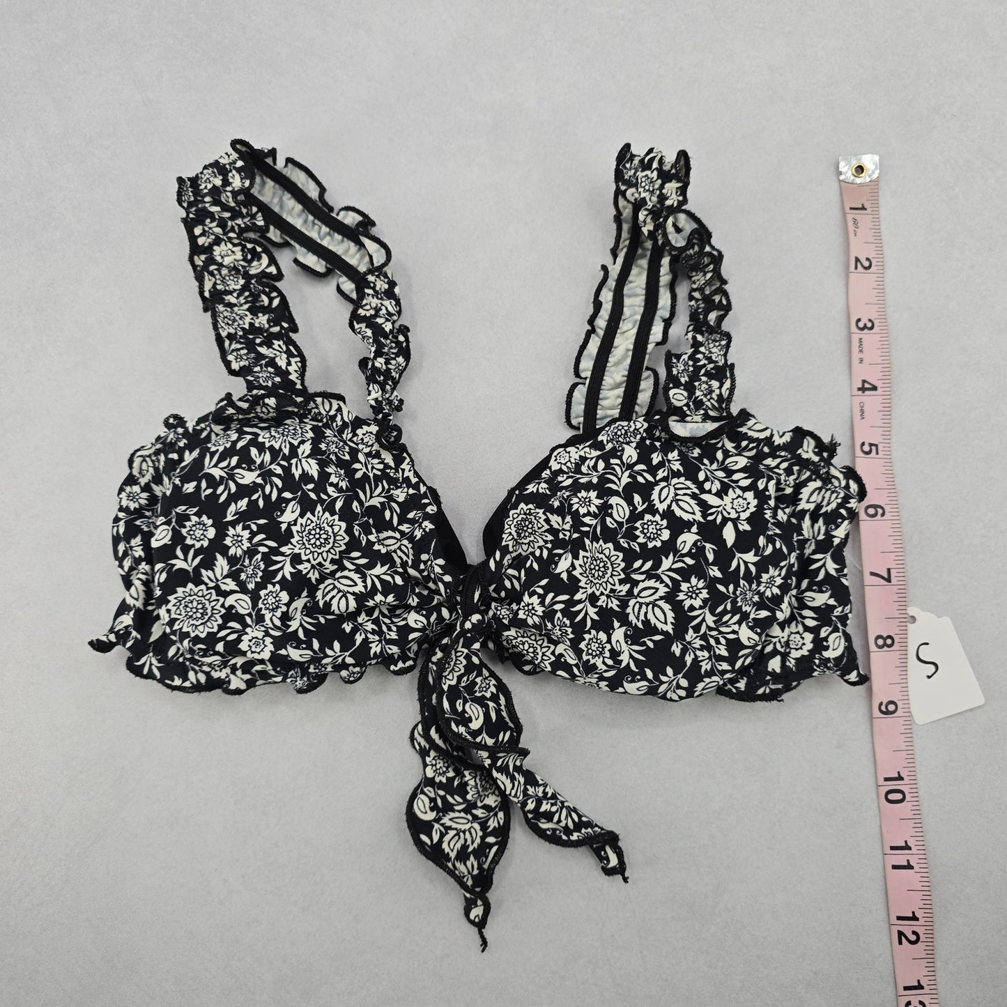 Xhilaration Black Floral Ruffle Beach Tie Bra Bikini Bralette Swim Top S Small