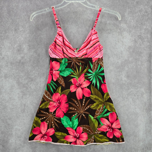 Papaya Pink Floral Vintage Sleeveless Y2K Padded Swimwear Tankini Dress S Small