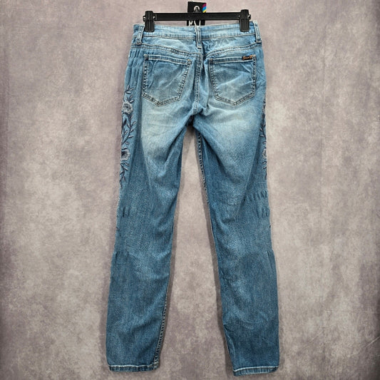 129. Seven7 Blue Embroidered Floral Straight Tapered Denim Pants Jeans 6