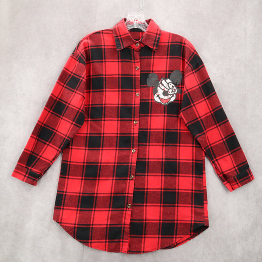 Red Plaid Flannel Mickey Mouse Long Sleeve Button Down Y2K VTG Top Shirt Large