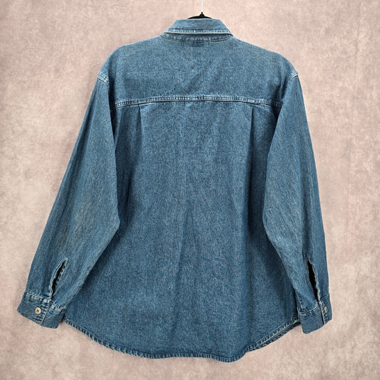 DressBarn Blue Embroidered Scarecrows VTG Button Y2K Cotton Denim Shirt L Large