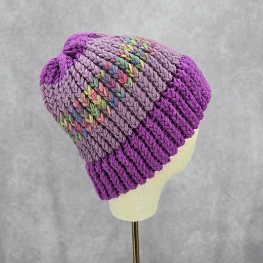 Purple Multi Color Crochet Knit Bucket Cap Hat Fun VTG Y2K Funky Beanie