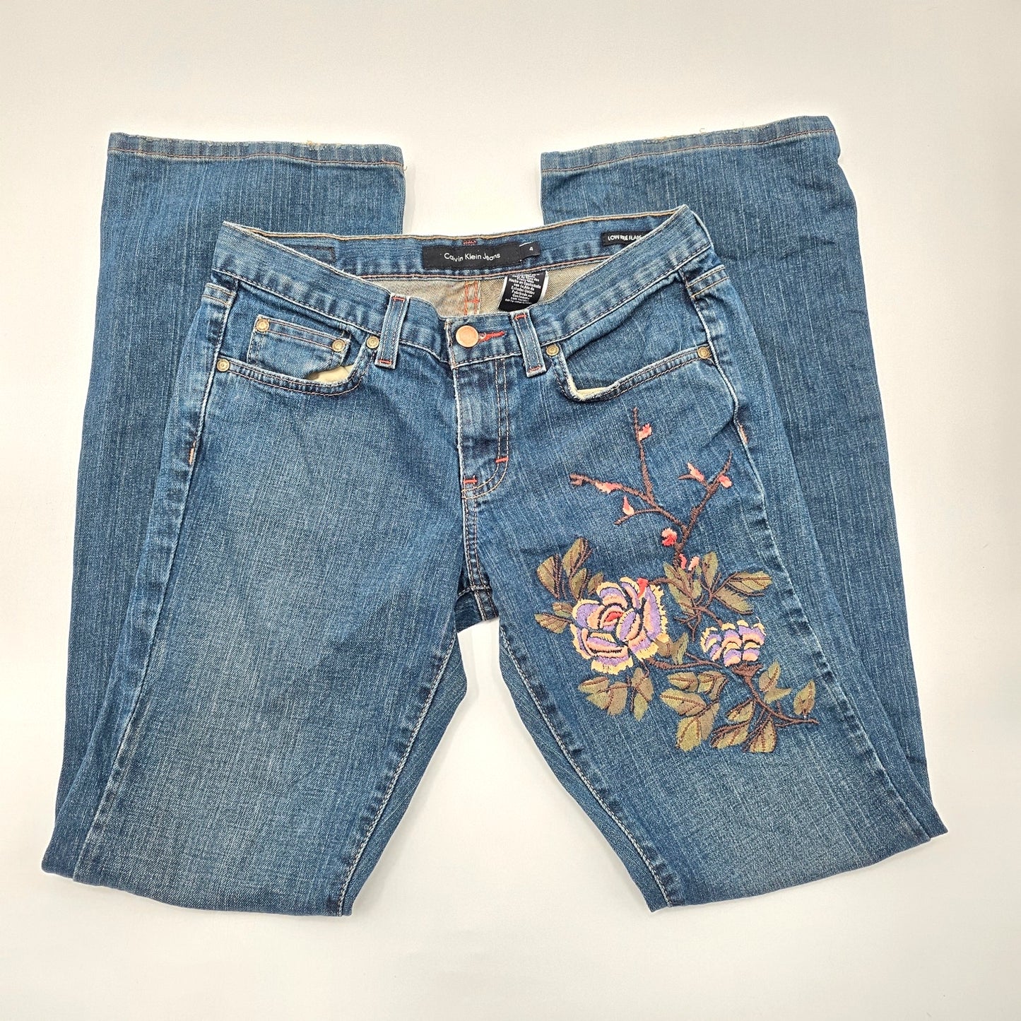 Calvin Klein Blue Floral Low Rise Flare Denim Jeans Pants Bottom S Small 4