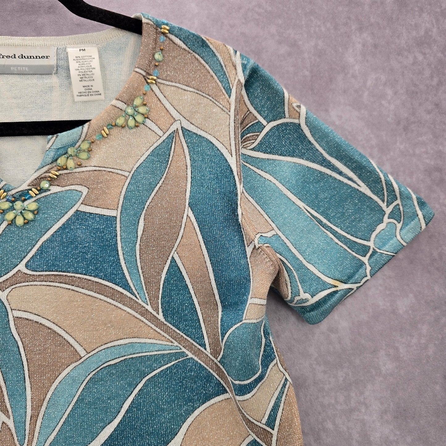Alfred Dunner Blue Floral Short Sleeve Cotton Beaded Shirt Top Petite Medium