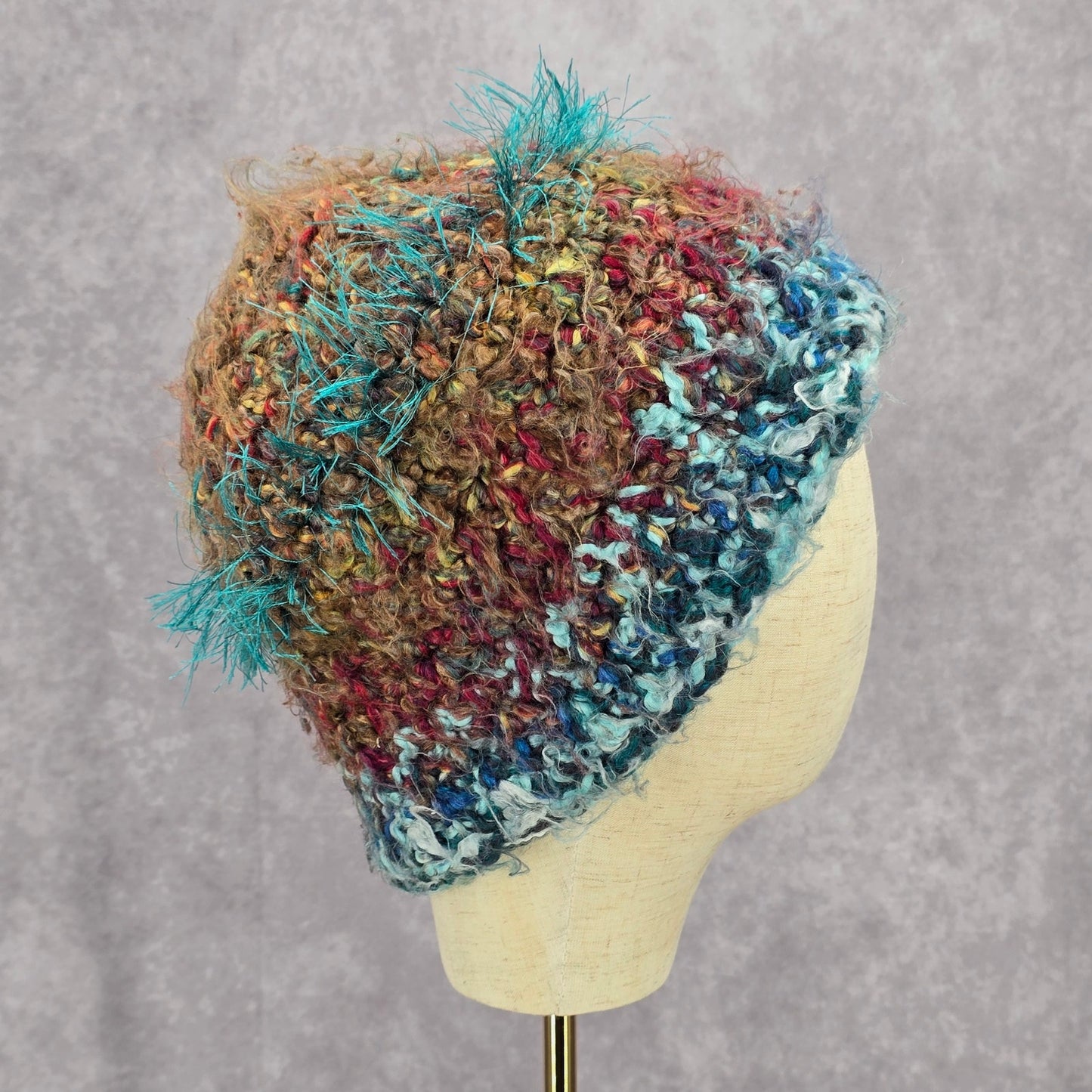 Blue Funky Vintage Y2K Bucket Beanie Skater Brown Fringe Knit Crochet Whimsy Hat