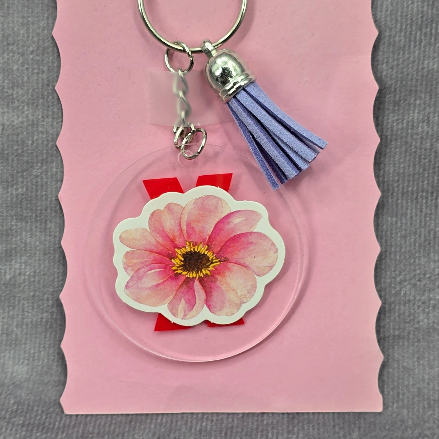 Letter Keychain Clear Silver Circle Handmade Acrylic Tassel Flower X Purple