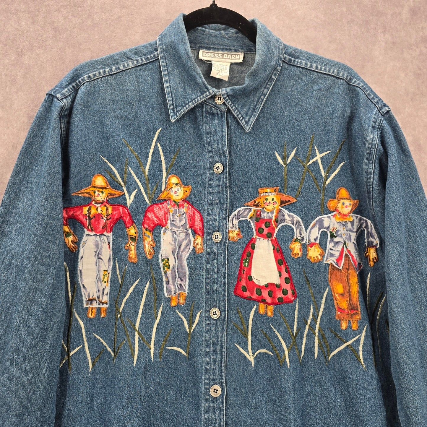 DressBarn Blue Embroidered Scarecrows VTG Button Y2K Cotton Denim Shirt L Large