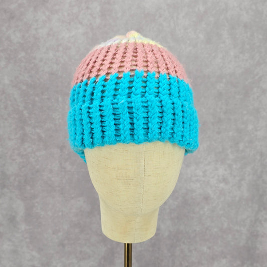 Blue Pink Crochet Knit Bucket Cap Hat Fun Vintage Y2K Funky Beanie
