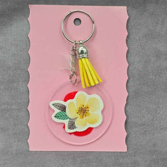 Letter Keychain Clear Silver Circle Handmade Acrylic Tassel Flower Q Yellow
