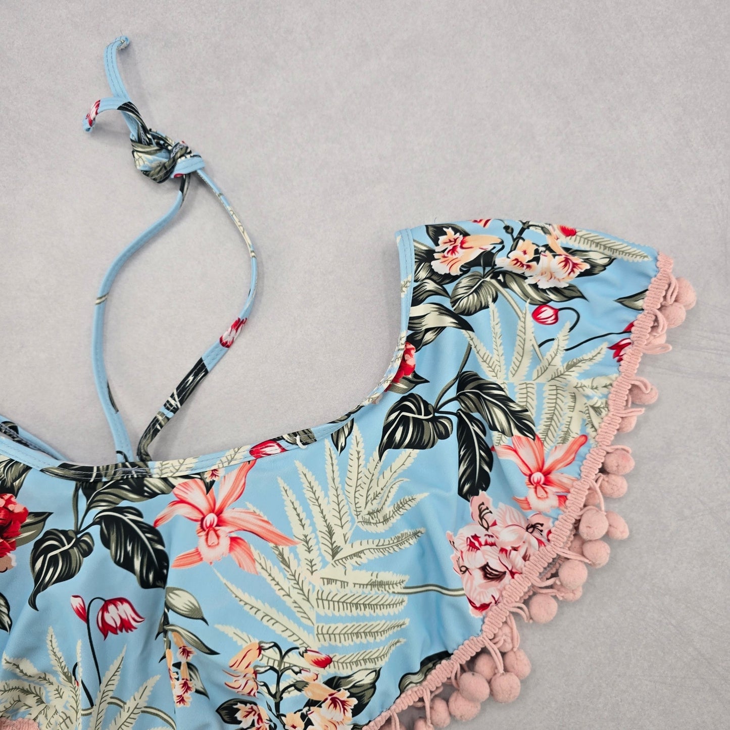 Blue Floral Bra Halter Cold Shoulder Beach Boho Bikini Bralette Swim Top S Small