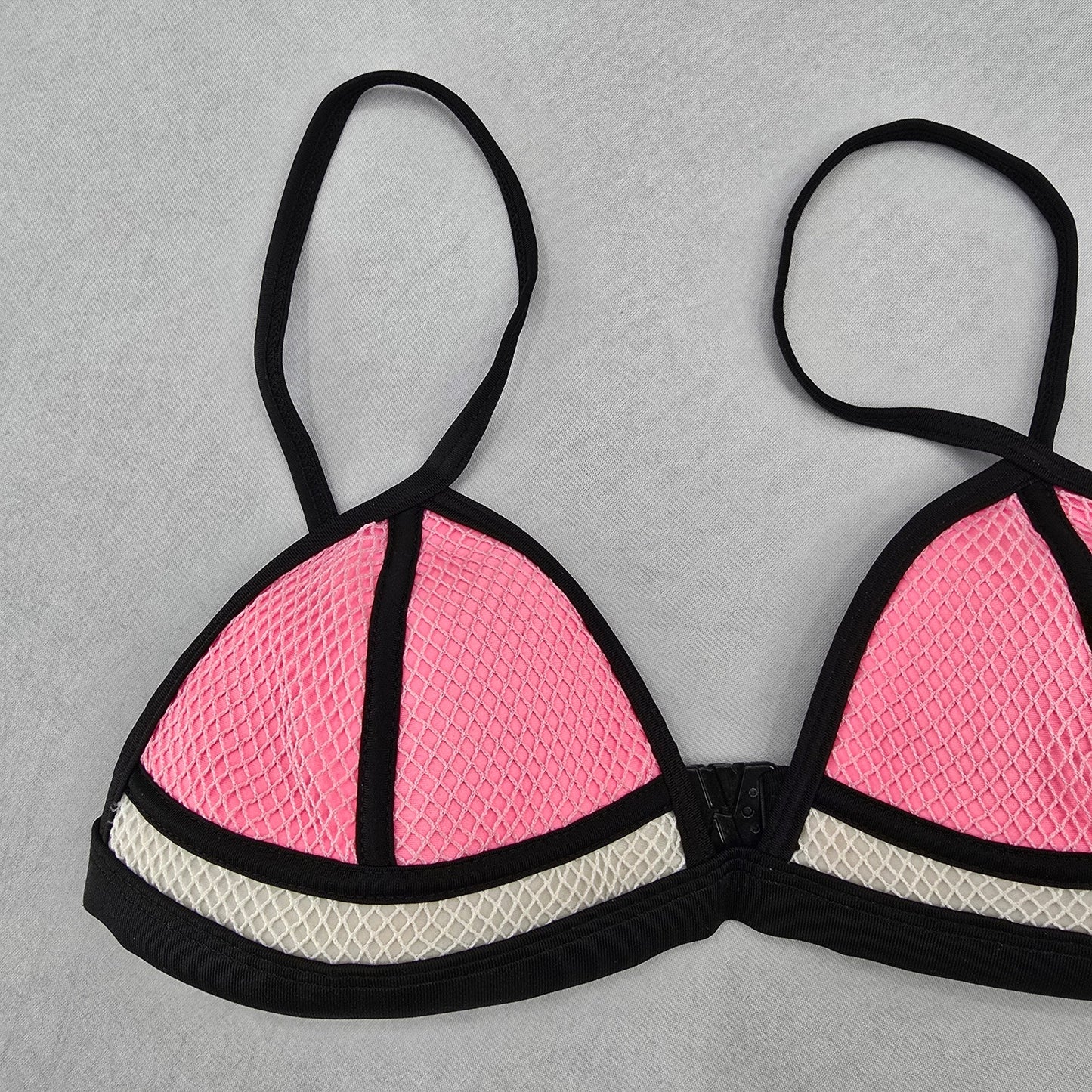 Black Pink Mesh Boho Triangle Padded Swim Sports Bra Beach Bikini Top M Medium