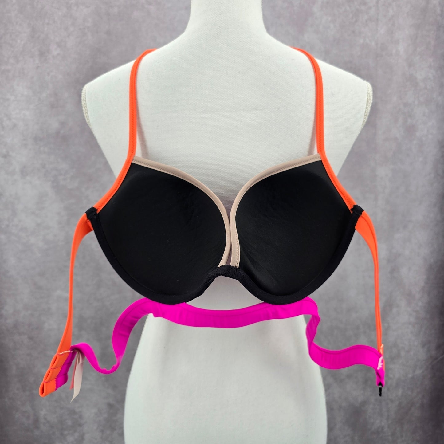 Victoria's Secret Black Pink Padded Bikini Top Halter Cutout Swimwear 34D