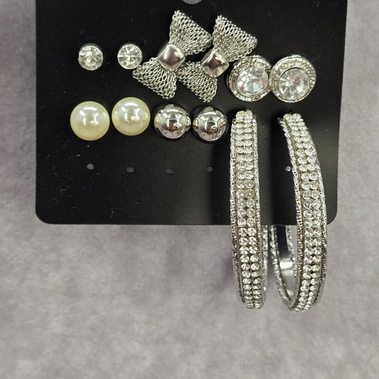 Silver Bow Hoop Stud Rhinestone Pearl Dangle Fashion Jewelry Earrings NWT JB2-76