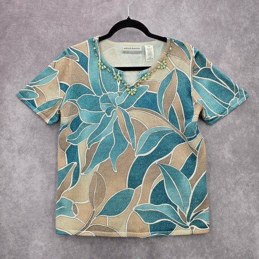 Alfred Dunner Blue Floral Short Sleeve Cotton Beaded Shirt Top Petite Medium