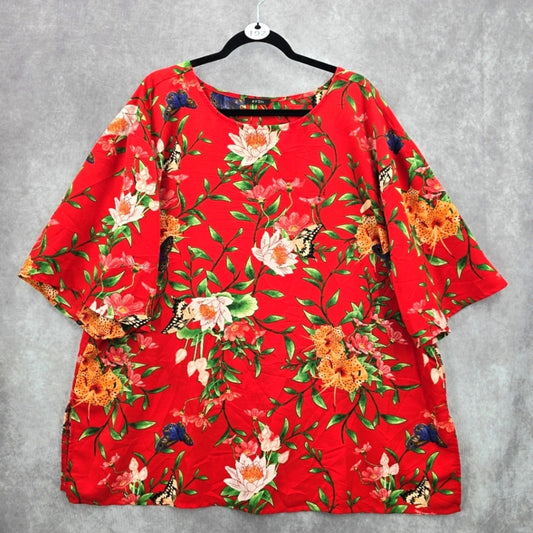 Avon Red Floral Butterfly Print Short Sleeve Top Plus 18W-20W 1X