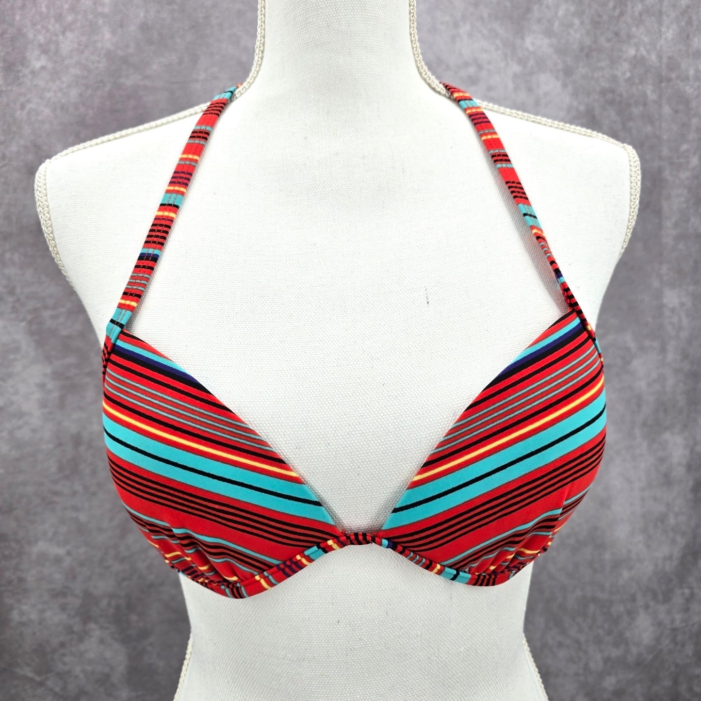 Xhilaration Red Blue Stripe Padded String Hook Wired Bikini Top Swimwear Medium